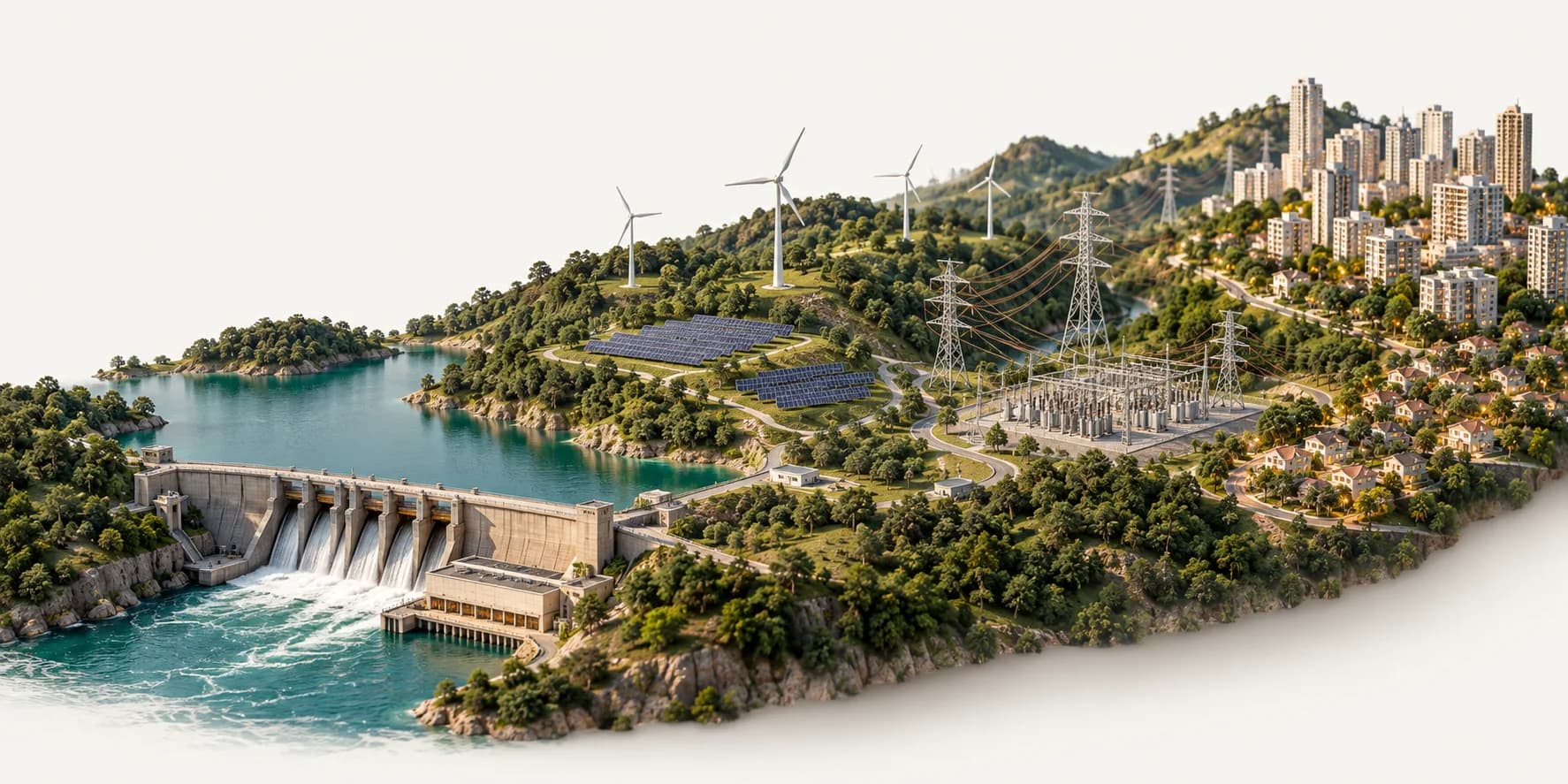 Maquete conceitual com reservatório, hidrelétrica, eólicas, painéis solares, linhas de transmissão, subestação e cidade.